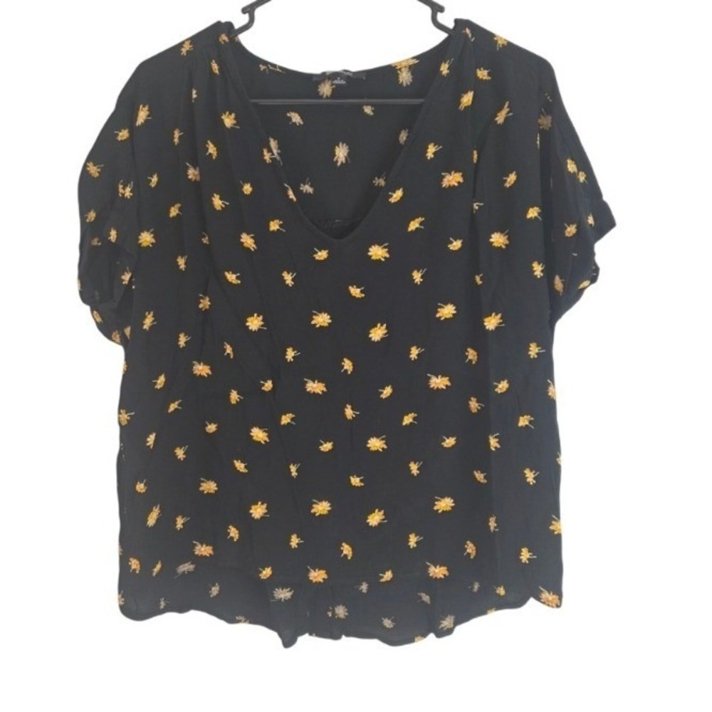 Madewell Coquette Blouse S Womens Black Floral V Neck Button Back Light Weight‎